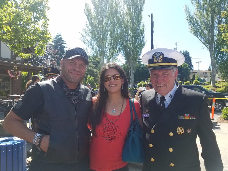 Lynnwood Times photo by Mario Lotmore. Randy Couture (left) and U.S. Volunteers Joint Service Command Lt. Richard Bologna (right) at the Xtreme Couture Poker Run on June 15.