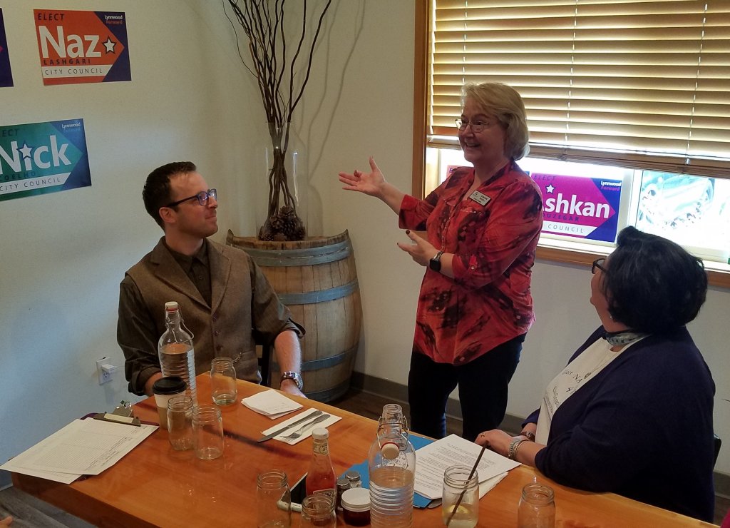 Lynnwood Times Photo. Council Vice President Christine Frizzell speaking at Lynnwood Forward kickoff on July 5 at Bistro 76.