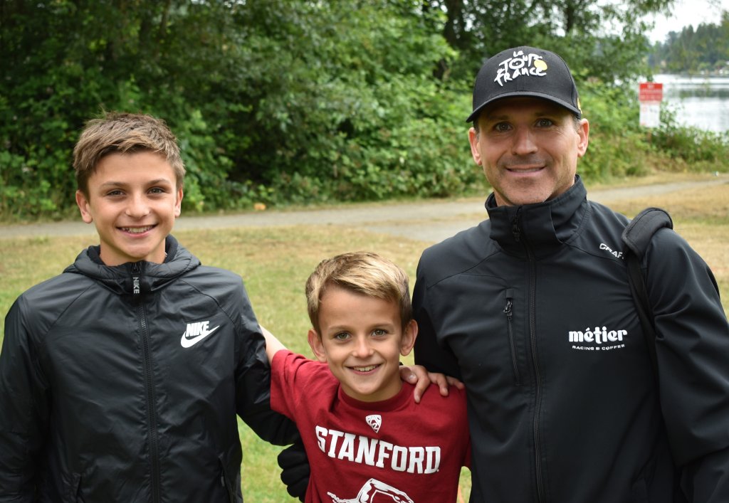 Lynnwood Times photo by Luke Putvin. Drew, Brooks and Mark Oliver at Martha Lake Open Swim Races on July 4.