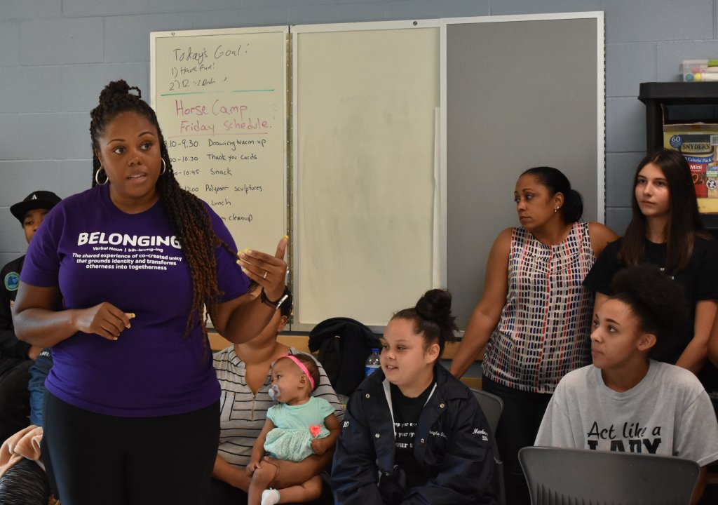 Lynnwood Times photo by Luke Putvin. Darnesha Weary speaking at Northside Step Team tryouts at Dale Turner YMCA on August 2. 